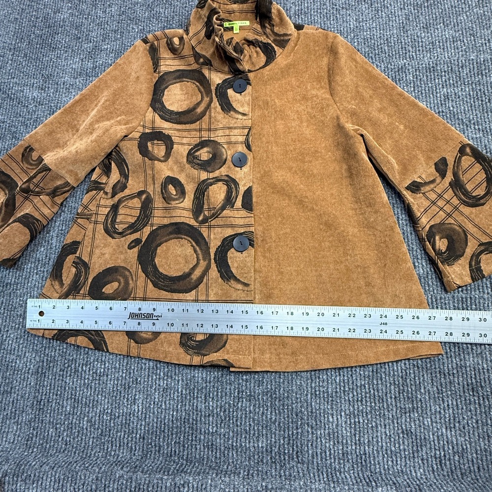 Trisha Tyler Women LARGE Corduroy Jacket Brown Abstract Circle Print Bell Sleeve - Picture 7 of 12